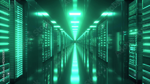 Data center with endless servers. Network and information servers behind glass panels. 3d rendering