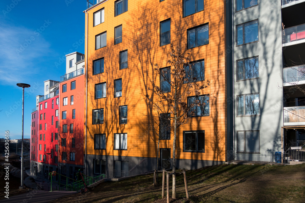 Stockholm, Sweden April 5, 2021 Colorful residential buildings in the Arstadal neighborhood.