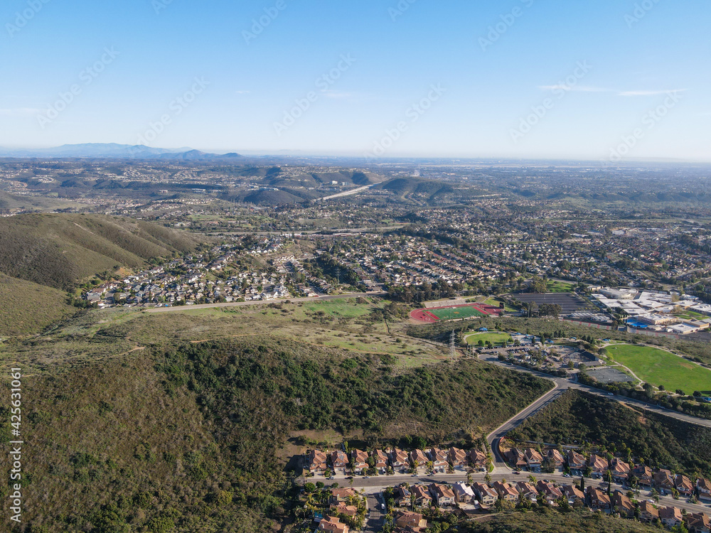 Aerial view of Black Mountain and Carmel Mountain neighborhood. San Diego County, California.