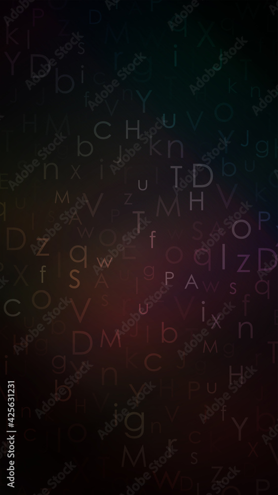 Alphabet colorful dark background. Gradient random floating letters. Alphabet colorful dark background. Gradient random floating letters.