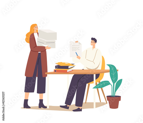 Man and Woman with Heap of Documents Files. Business People Characters, Office Employee at Work, Accounting Bureaucracy