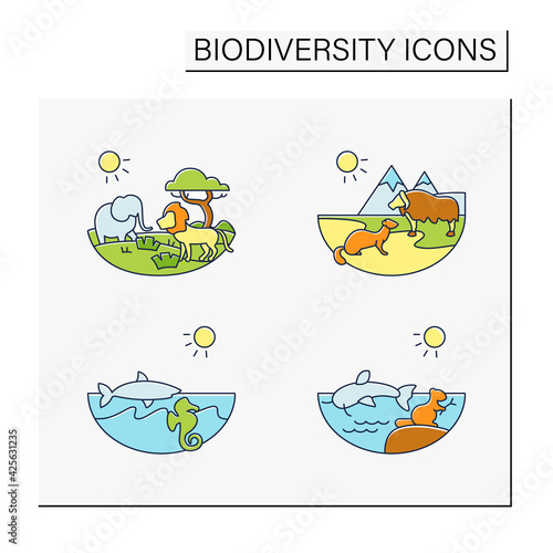 Biodiversity color icons set. Consists of desert, savana, tundra, freshwater, marine ecosystems. Biodiversity concept. Isolated vector illustrations