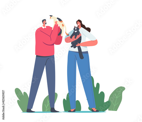 People Caress of Pets. Male and Female Characters Holding Cute Cats, Woman and Man Owners Caring of Kitten, Carefree