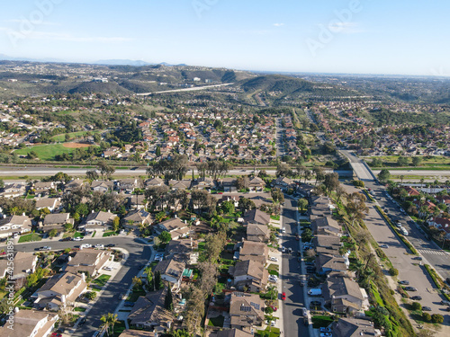 Aerial view of Carmel Mountain neighborhood with Black Mountain. San Diego County, California.