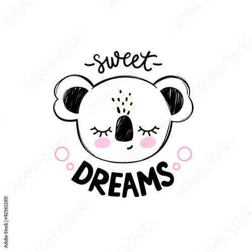 Cute koala bear illustration. Doodle cartoon sleeping animal card. Sweet Dreams lettering.