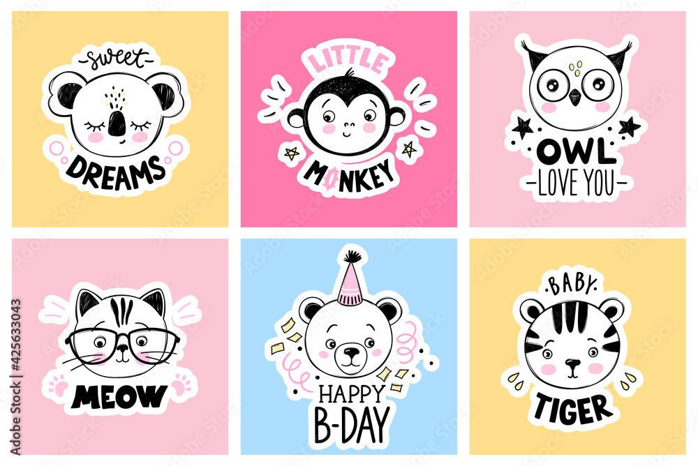 Vector set with cartoon doodle animals - sleeping koala, cute owl, cat with glasses, little monkey, baby tiger, teddy bear. Funny puns, quotes.