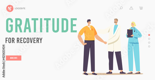 Patient Male Character Gratitude Doctor with Shaking Hand for Treatment and Recovery Landing Page Template, Consultation