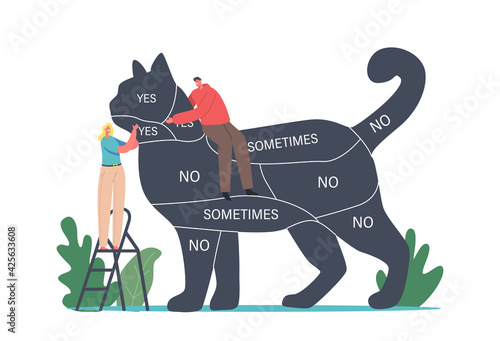 Communication with Pets, People Care of Animals, Spending Time with Kitten. Tiny Characters on Ladder Caring of Huge Cat