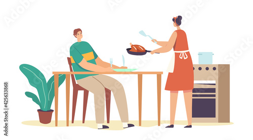 Wife Serving Table for Husband. Female Housewife in Apron Put Fried Chicken or Turkey on Table, Hungry Man Waiting Meal