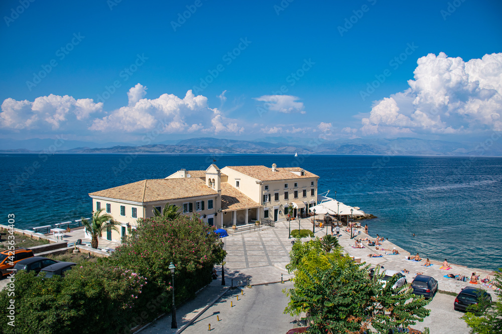 Summer panoramic seascape. View of the coast of Corfu with beach. The Ionian Archipelago. Greece
