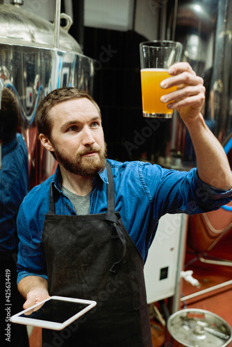 Young bearded brewery master holding glass of beer and evaluating its visual characteristics during work in beer production plant