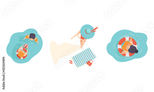 Set of People Sunbathing and Swimming on the Beach, People Enjoying of Summer Holidays Flat Vector Illustration