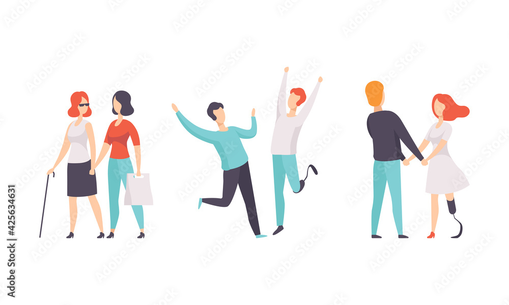Disabled People Spending Good Time with their Friends Set, Happy People with Disability Flat Vector Illustration