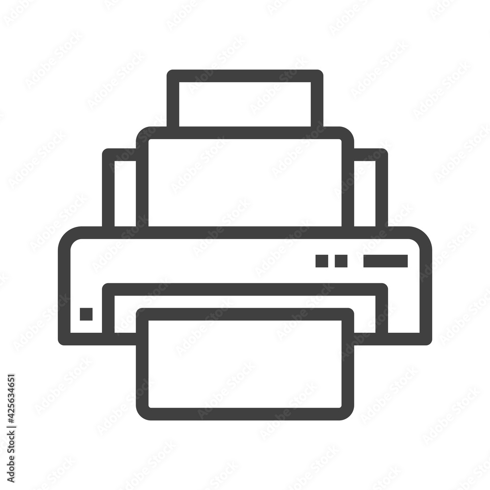 Printer icon. A simple line drawing of office equipment. Minimalistic style, simple execution. Isolated vector on white background. Printer icon. A simple line drawing of office equipment. Minimalistic style, simple execution. Isolated vector on white background.