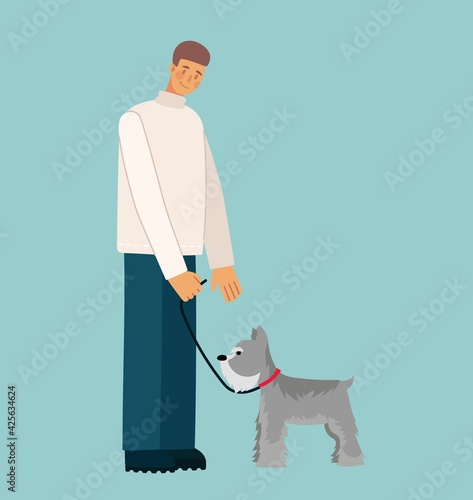 Young man with her cute dog in the flat style