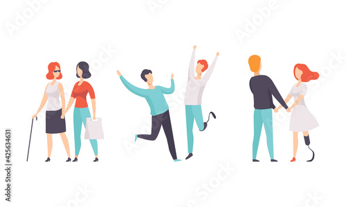 Disabled People Spending Good Time with their Friends Set  Happy People with Disability Flat Vector Illustration