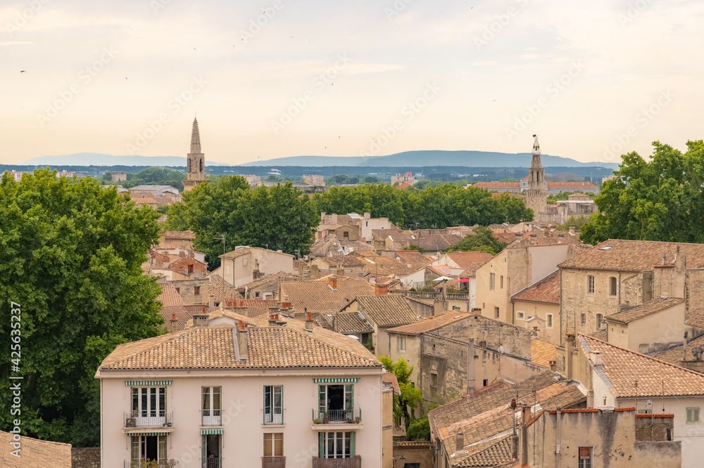 Avignon, aerial view of the city, with typical houses and tiles roofs
