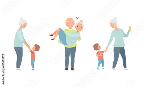 Happy Grandparents Set, Elderly Loving Couple Activity, Grandma Having Good Time with her Grandson Cartoon Vector Illustration