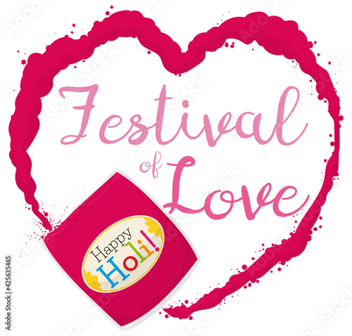 Fuchsia Gulal Powder in Bag and Heart Shape for Holi Festival, Vector Illustration