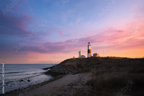 Colorful sunset at Montauk lighthouse in New York