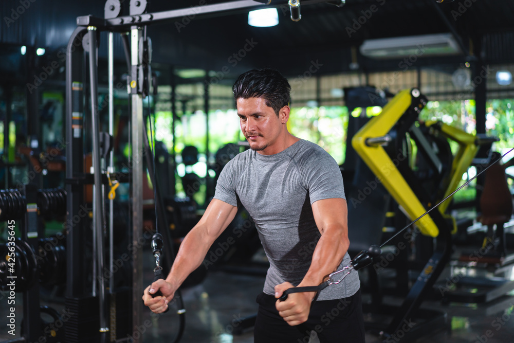 Caucasian active sport man or athlete weight lifting machine to lose weight, maintain muscle and endurance in fitness club. Caucasian active sport man or athlete weight lifting machine to lose weight, maintain muscle and endurance in fitness club.