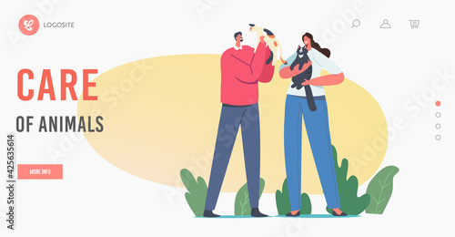 People Care of Pets Landing Page Template. Characters Holding Cute Cats, Woman and Man Owners Caring of Kitten