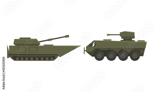 Armored Military Vehicles Set, Army Machines, Heavy Special Transport Vector Illustration
