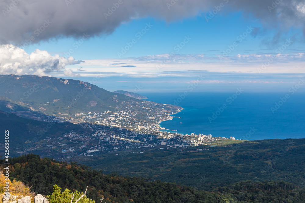 Aerial view to Yalta town from mountain road viewpoint. Crimea