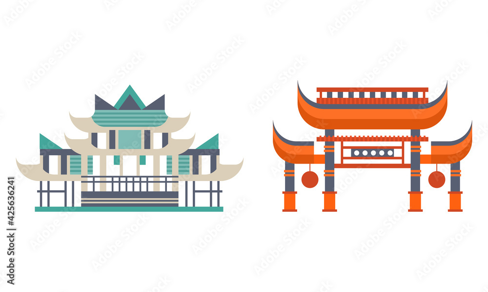 Fototapeta premium Asian Traditional Buildings Set, Ancient Eastern Cultural Objects, Pagoda Palace Traditional Temple Facades Flat Vector Illustration