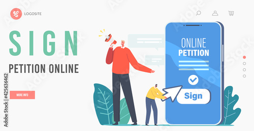 Sign Online Petition Landing Page Template. Document Signing. Tiny Agitator at Huge Smartphone Yell to Megaphone