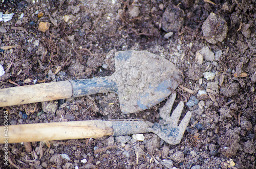 Garden rake and shovel