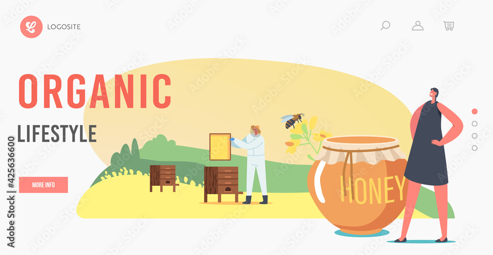 Landing Page Template. Farmer Producing Eco Product on Beekeeping Farm. Character Extracting Rapeseed Canola Honey