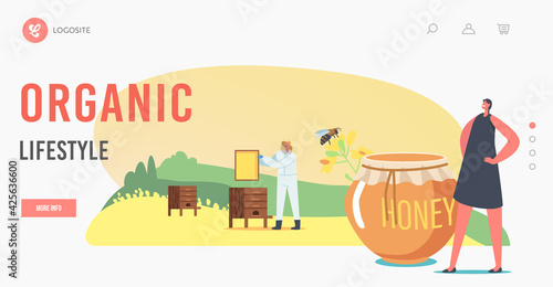 Landing Page Template. Farmer Producing Eco Product on Beekeeping Farm. Character Extracting Rapeseed Canola Honey