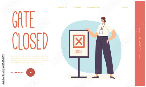 Flight Late, Trouble in Airport Landing Page Template. Boarding Late, Woman on Registration Desk Stand at Closed Gates