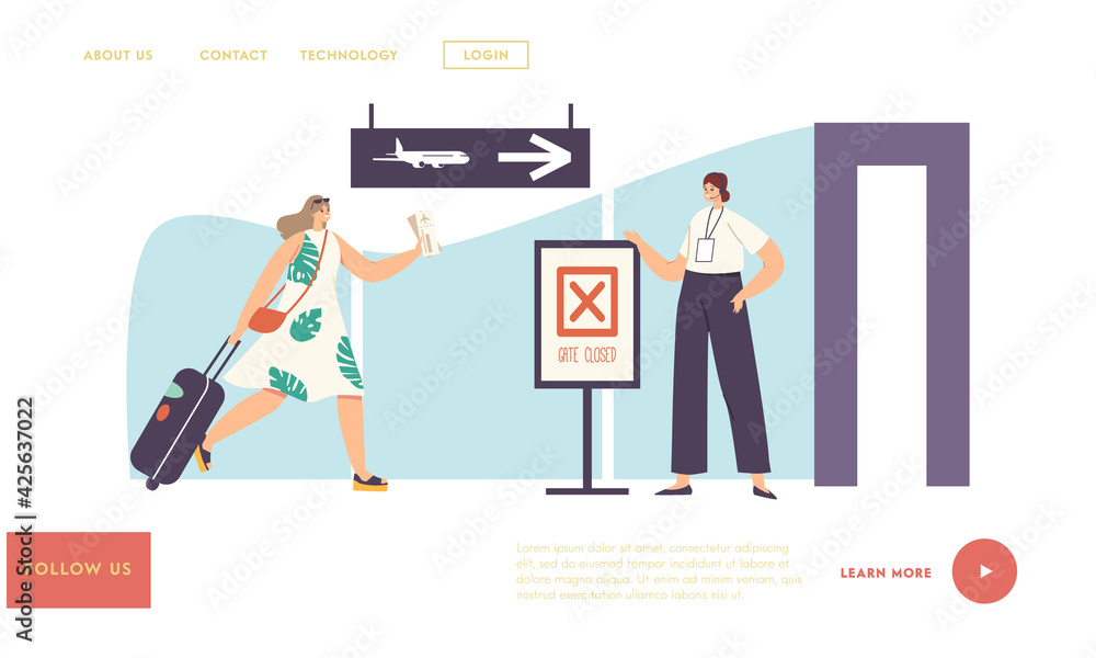 Traveler Troubles with Missed Flight Landing Page Template. Woman Tourist with Ticket and Bag Run to Closed Gates Traveler Troubles with Missed Flight Landing Page Template. Woman Tourist with Ticket and Bag Run to Closed Gates