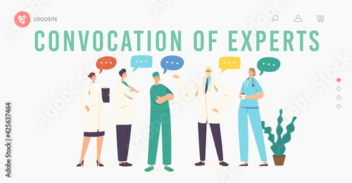 Convocation of Experts Landing Page Template. Hospital Healthcare Staff Meet for Concilium. Doctor Characters in Robe
