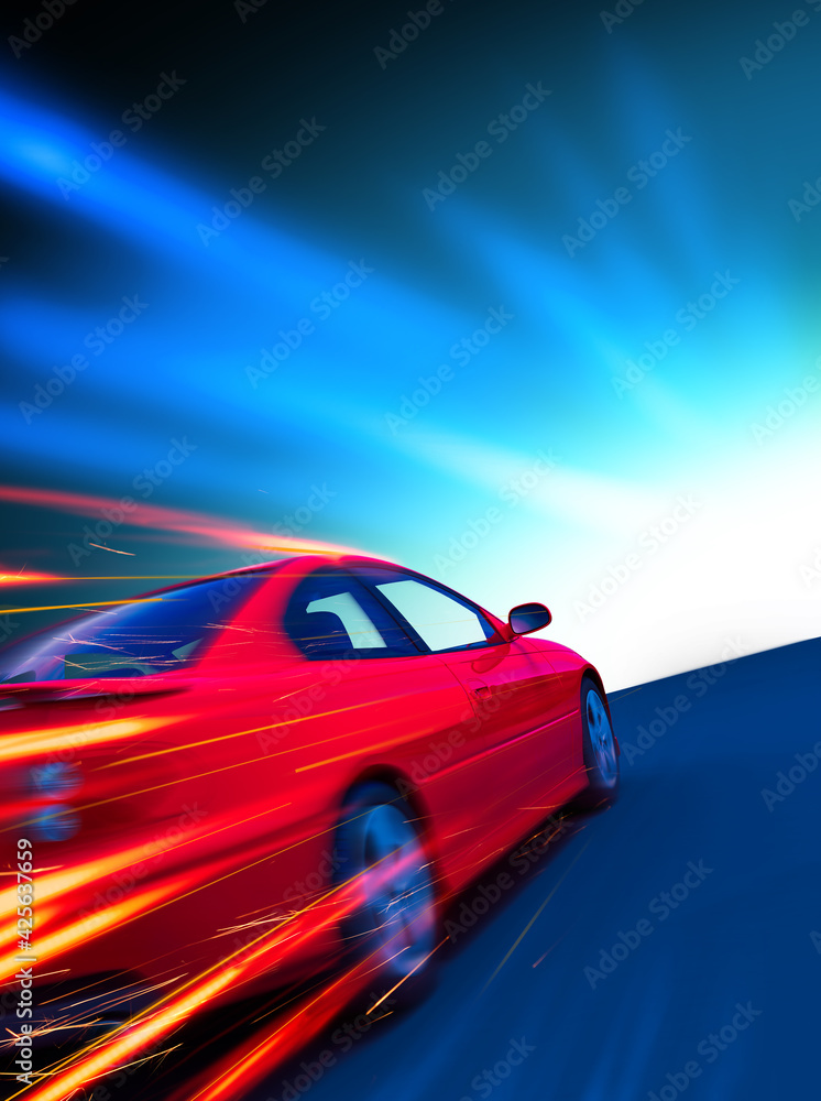 High-speed burning car 3D illustration