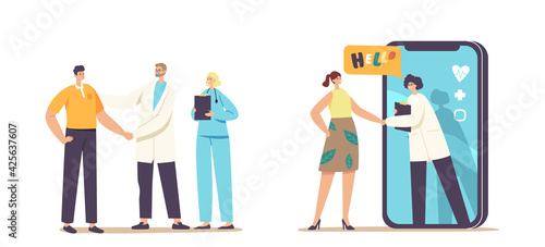 Patient Gratitude Doctors with Shaking Hand. Distant Online Medicine Consultation, Smart Medical Technologies. Doctors Characters Communicate with Client via Mobile. Cartoon People Vector Illustration