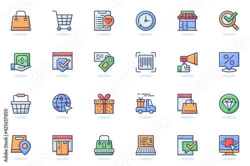 E-commerce web flat line icon. Bundle outline pictogram of shopping, store, discount, sale, cart, delivering, gift, payment, marketing concept. Vector illustration of icons pack for website design
