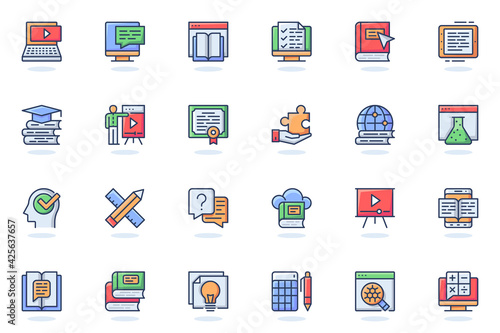 Online education web flat line icon. Bundle outline pictogram of online tutorials, training courses, reading e-books, distant learning concept. Vector illustration of icons pack for website design