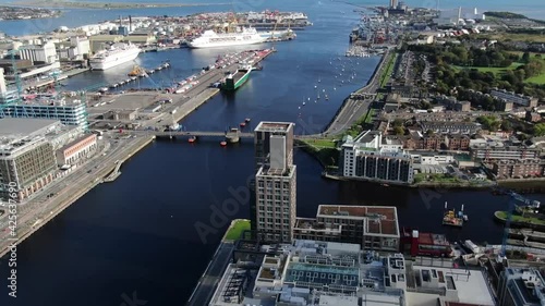 Aerial view on the channel part of Dublin near the port at the autumn