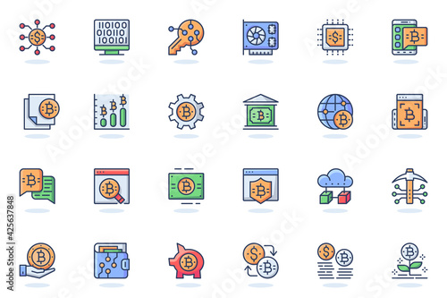 Bitcoin mining web flat line icon. Bundle outline pictogram of coin, gold, digital money, video card, electronic key, blockchain tech concept. Vector illustration of icons pack for website design