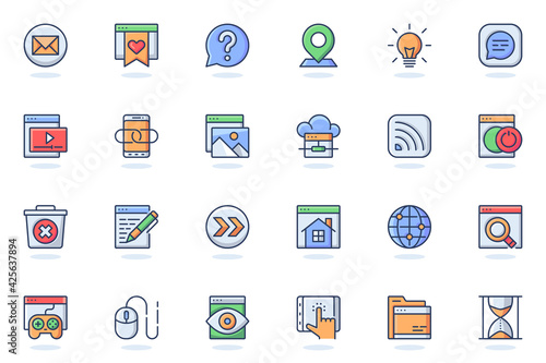 Website UI web flat line icon. Bundle outline pictogram of development, site content, buttons, seo optimization, programming process concept. Vector illustration of icons pack for website design