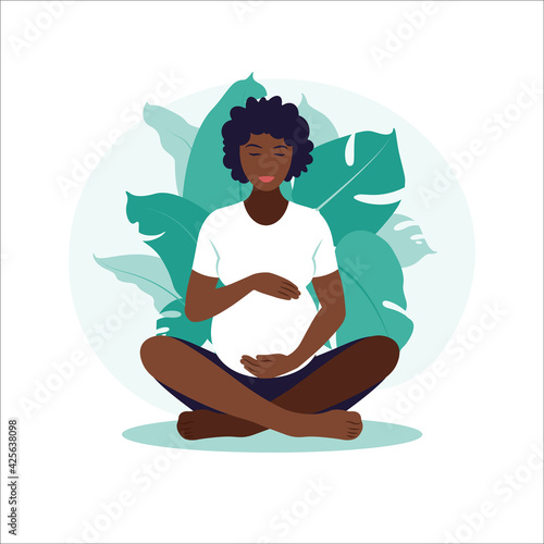 Concept pregnancy, motherhood, yoga, meditation and health care. African pregnant woman. Illustration in flat style.