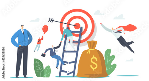 Characters Overcome Obstacles in Business. Businessmen Climbing on Ladder to Reach Target, Fly on Balloon, Leadership