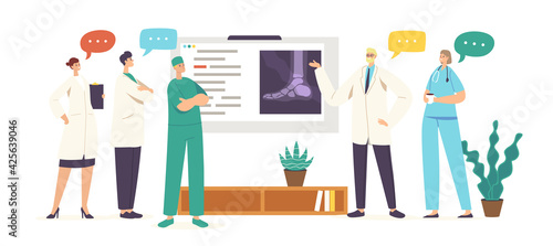Doctors Meeting Concilium in Chamber with Patient Broken Leg X-Ray on Screen, Clinic Staff Characters Discussing Limbs