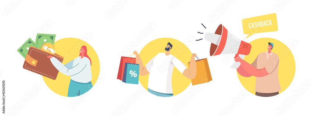 Cashback Offer, Total Sale and Festive Discount Concept. Shopper Characters Holding Wallet with Money, Bags, Cash Back