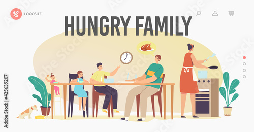 Mother Cooking for Hungry Family Landing Page Template. Father and Kids Sitting Around Table Waiting Food