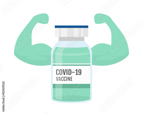 Coronavirus vaccine bottle with strong double biceps. Vaccine power. Vector illustration Isolated on white background.