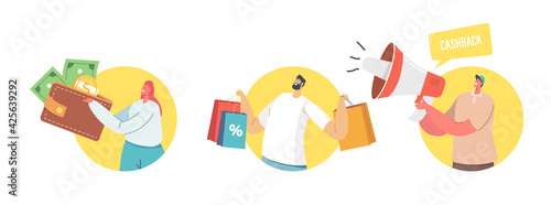 Cashback Offer, Total Sale and Festive Discount Concept. Shopper Characters Holding Wallet with Money, Bags, Cash Back